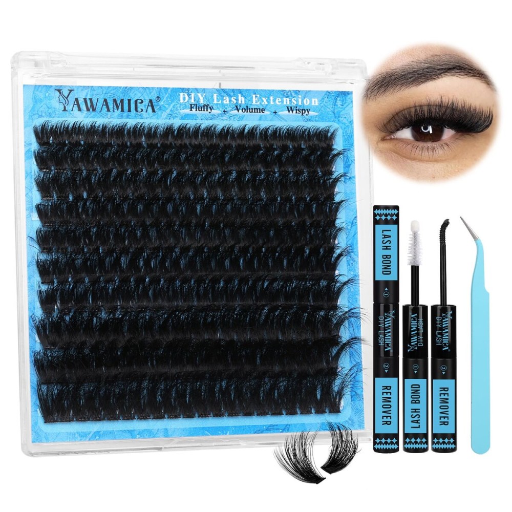 Yawamica Lash Clusters Kit 200D Fluffier Volume Cluster Eyelash Extensions Kit 10-20mm DIY Lash Extension Kit with Lash bond and Lash Remover and Lash Applicator for DIY Lash (200D-10-20MM Kit)