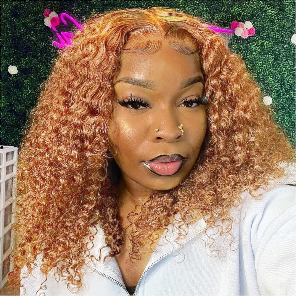 omswet Curly BOB Wig Human Hair 200 Density 5x5 HD Lace Closure Deep Wave Wigs for Black Women Glueless Wear and Go Pre Plucked Deep Wave Wet and Wavy Glueless Wigs Human Hair Light Brown 14 Inch