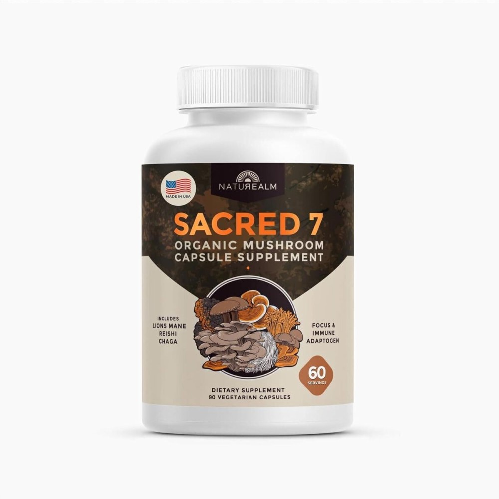 Naturealm Sacred 7 Mushroom 7-in-1 Blend Capsules Supplement (30 Day Supply) | Supports Daily Immune Defense & Focus | Lions Mane, Reishi, Chaga & More | Organic, Premium 100% Fruiting Body Extract