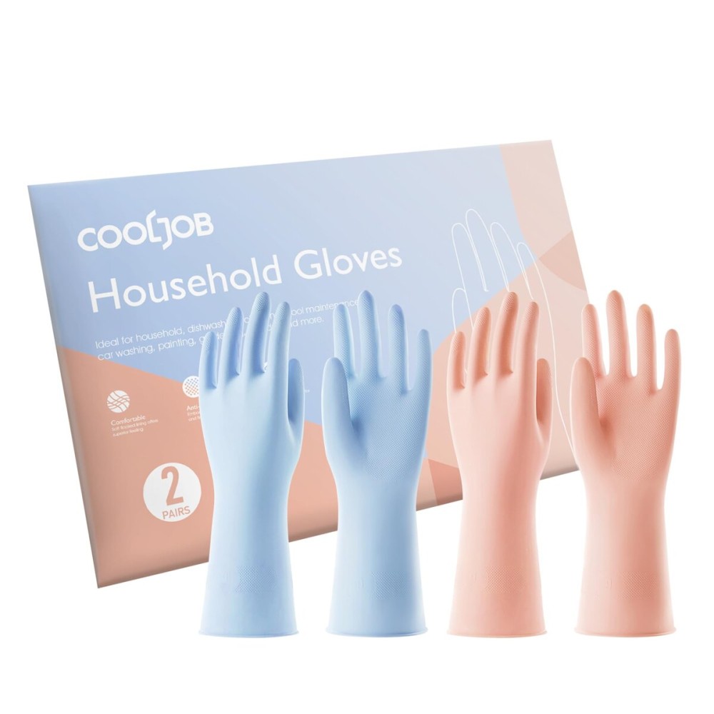 COOLJOB 2 Pairs Thickened Rubber Gloves with Cotton Lining & Non-slip Grip, Colorful Household Long Lasting Dishwashing Gloves for Kitchen & Bathroom Cleaning, Orange & Blue, Large