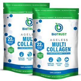 BioTrust Ageless Multi Collagen Peptides Powder - 5 Types (I, II, III, V, X) - Unflavored Collagen Powder for Women & Men - Hydrolyzed Protein - Grass Fed Beef, Fish, Chicken, Eggshell Membrane, 2-pk