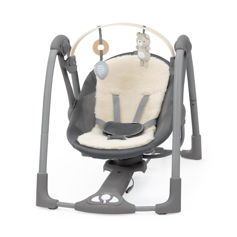 Ingenuity Every Season Portable Swing \'n Go - Cooling and Warming Fabrics, Detachable Sustainable Wooden Bar, Music, Motorized, for Ages 0-9 Months, Grey - Wesley
