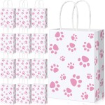 Blulu 20 Pcs Puppy Dog Paw Gift Bags with Paper Twist Handles, Dog Gift Paper Paw Treat Goodie Bags for PET Treat Party Favor, 6.3 x 3.1 x 8.6 Inch(White Backing, Pink Paws)