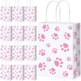 Blulu 20 Pcs Puppy Dog Paw Gift Bags with Paper Twist Handles, Dog Gift Paper Paw Treat Goodie Bags for PET Treat Party Favor, 6.3 x 3.1 x 8.6 Inch(White Backing, Pink Paws)