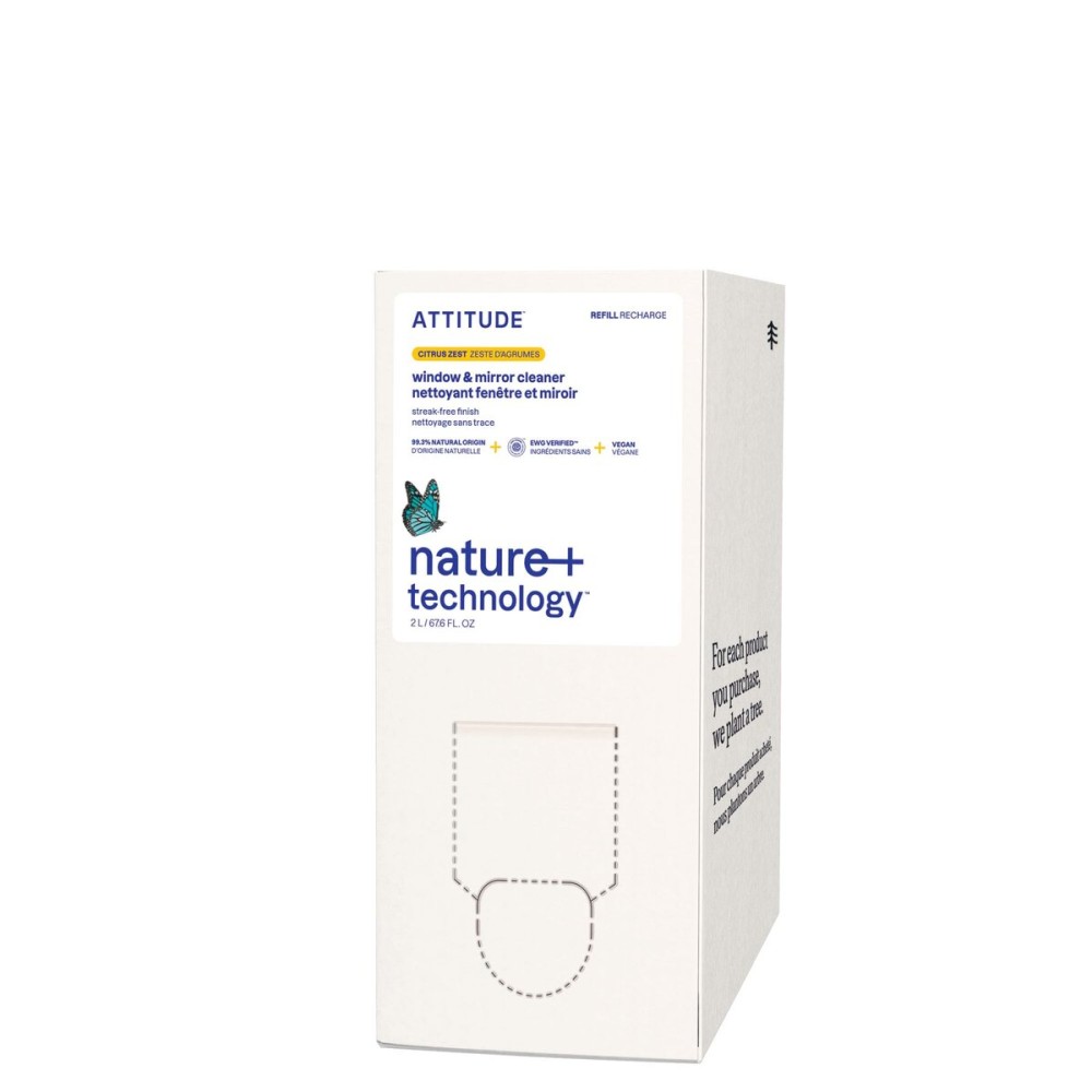 ATTITUDE Window & Mirror Cleaner Refill, EWG Verified, Plant- & Mineral-Based, Vegan & Streak-Free Glass Spray, Citrus Zest Scent, 67.6 Fl Oz