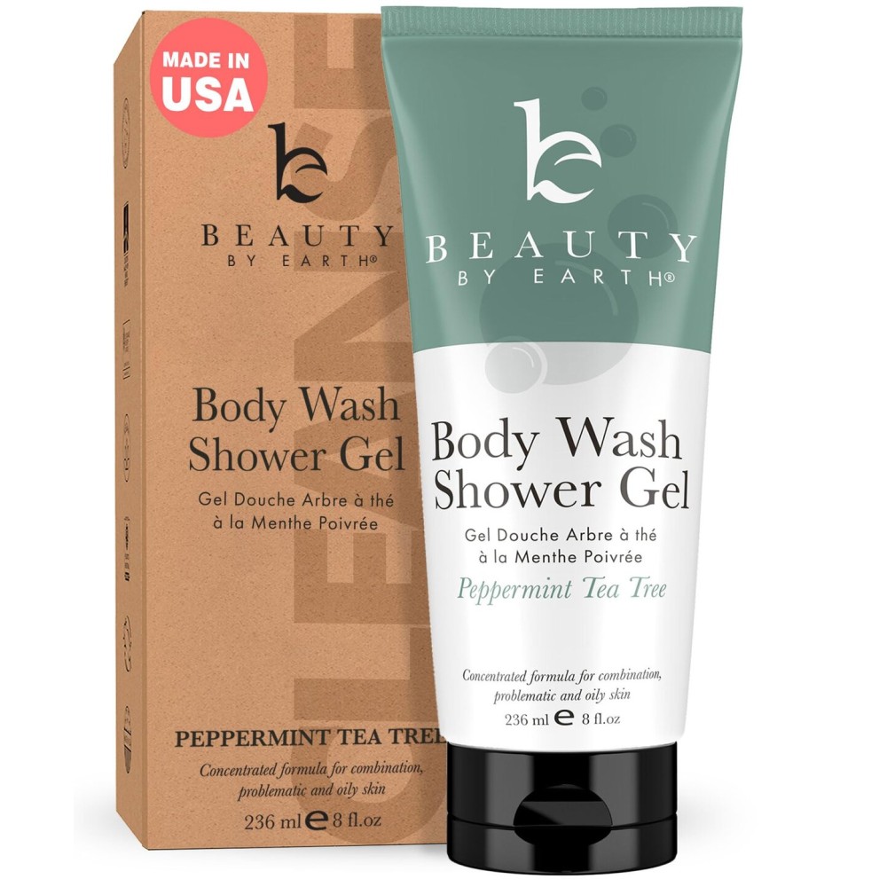 Beauty by Earth Peppermint Tea Tree Oil Shower Gel Body Wash - Made in USA with Organic & Natural Ingredients, Mens Body Soap Liquid, Moisturizing Cleansing Gel for Men & Women, Non Toxic Body Wash