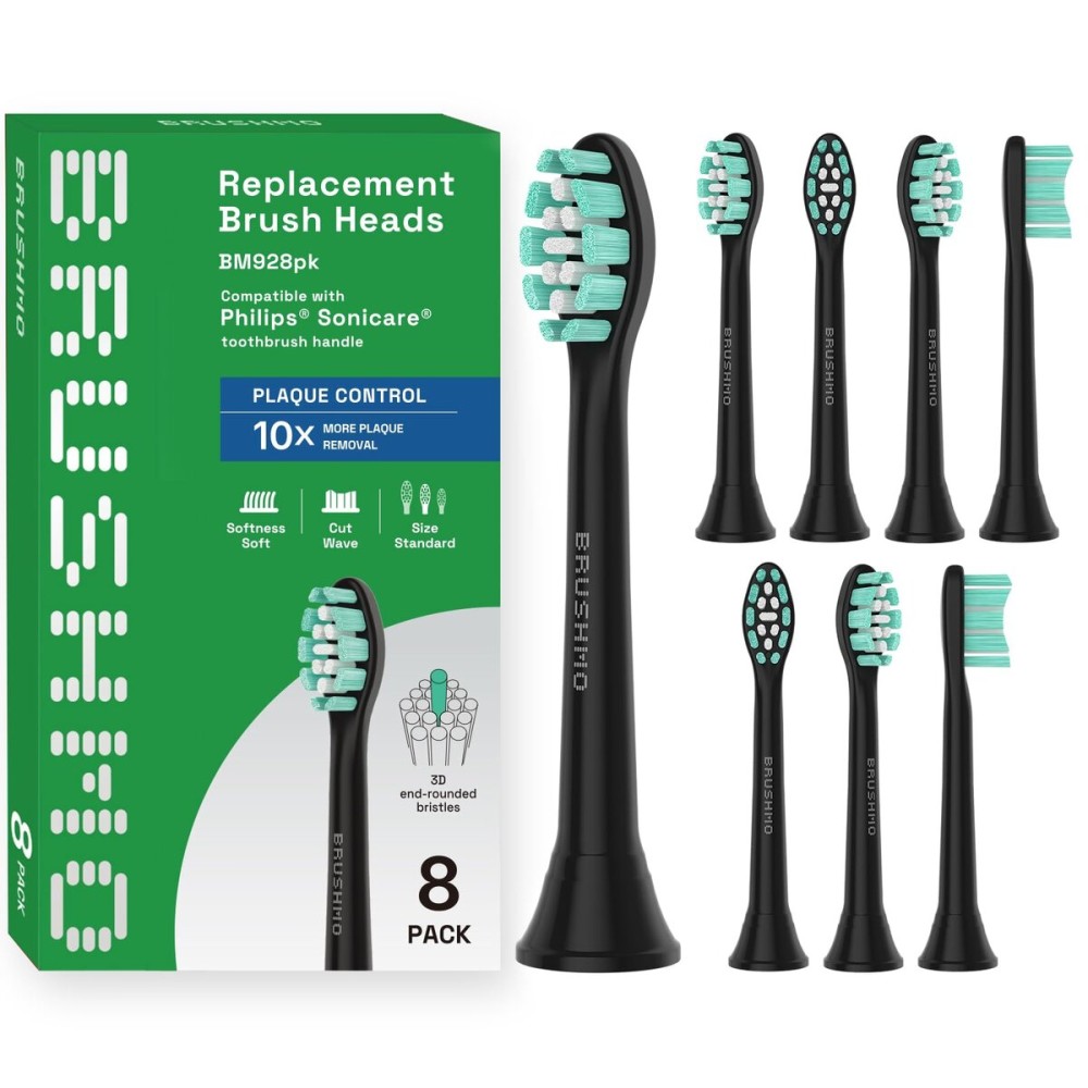 Brushmo Plaque Control Replacement Toothbrush Heads, Compatible with Philips Sonicare Click-on Electric Toothbrush Handles, 8 Standard Replacement Heads, SoftDuPont Bristles, BM928bk, Black