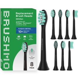 Brushmo Plaque Control Replacement Toothbrush Heads, Compatible with Philips Sonicare Click-on Electric Toothbrush Handles, 8 Standard Replacement Heads, SoftDuPont Bristles, BM928bk, Black