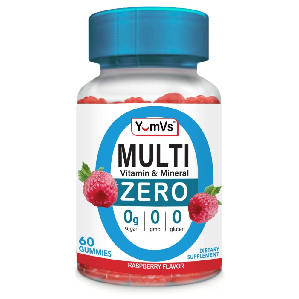 YUM-V\'S Multivitamin Zero Gummies by YumVs | Sugar-Free Vitamins Supplement for Women & Men | Chromium, Thiamine, and Magnesium | Natural Raspberry Flavor Chewables - 60 Count
