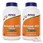 Now Betaine HCl 648mg 240 Veg Capsules (Pack of 2) - Digestive Enzymes Supplement - Enhanced with Pepsin Protease for Protein Digestion Support