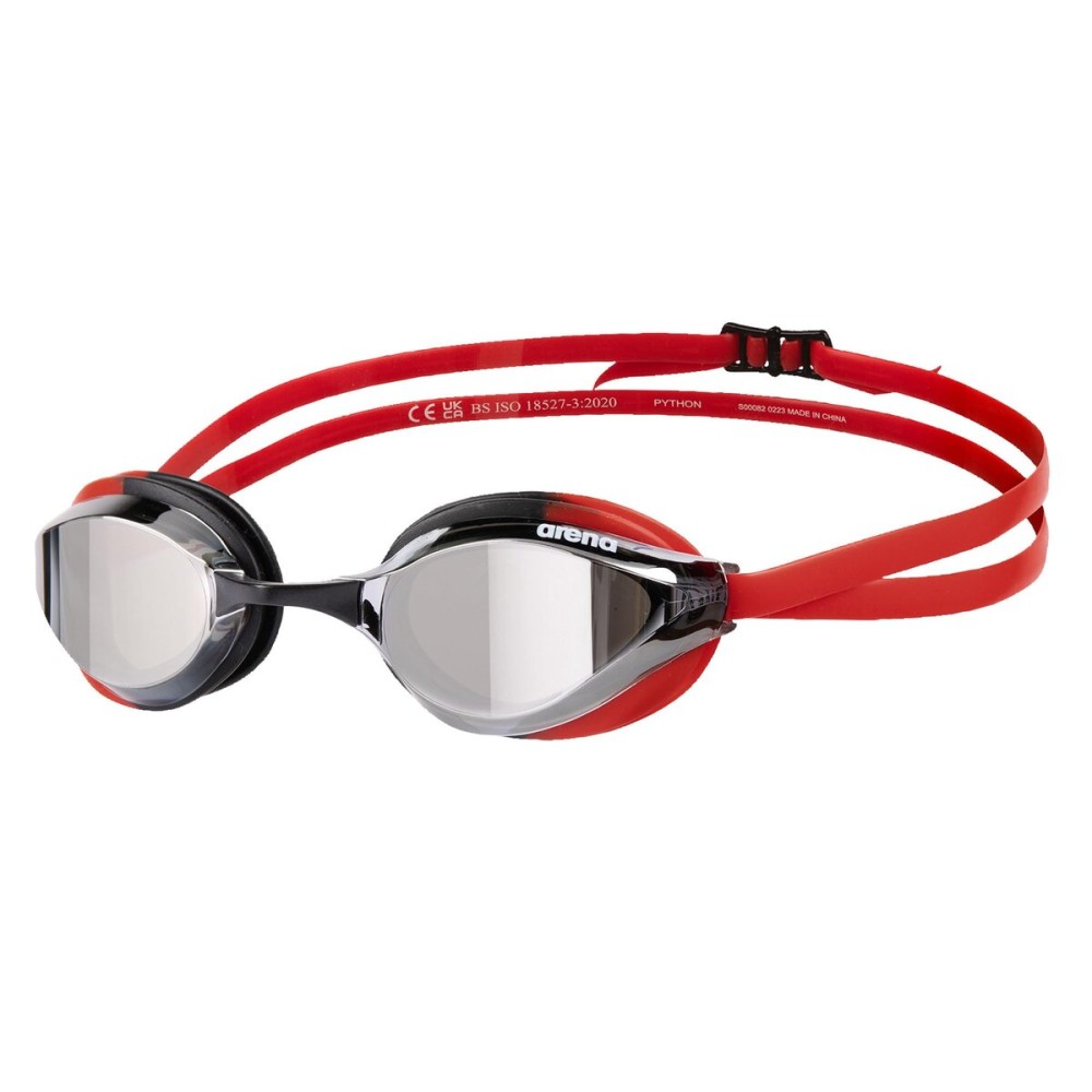 ARENA Unisex Adult Python Racing Swim Goggles for Men and Women Anti-Fog Mirror Lens Max Comfort Dual Strap, Silver/Black/Red