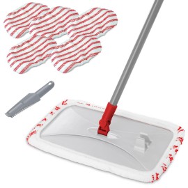 Masthome Extra Large Microfiber Mop for Floor Cleaning, 16 Flat Mop with 5 Pad for Wet & Dry Use, Dust Mop for Hardwood Laminate Tile Ceramic, 1 Cleaning Scraper Included-Red