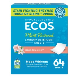 ECOS Laundry Detergent Sheets Vegan, No Plastic Jug, No Mess, Liquid Free - Hypoallergenic, Plant Powered Laundry Detergent Sheet - Magnolia & Lily - 64 Count (Pack of 1)