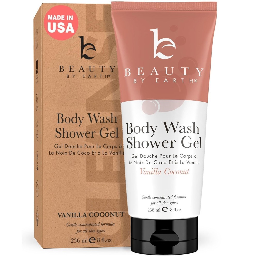 Vanilla Coconut Shower Gel Body Wash - USA Made with Organic & Natural Ingredients, Moisturizing Cleansing Gel for Women, Gentle & Non Toxic Daily Wash for Sensitive Skin, Clean Body Soap Liquid
