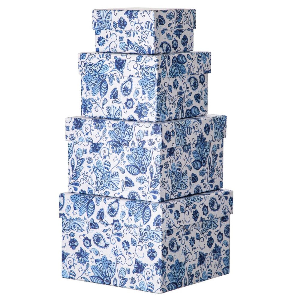 Briful Square Gift Boxes with Lids 4PCS Blue Flower Print Gift Box for Presents Nesting Assorted Sizes Present Boxes for Christmas Birthday Valentines Party Gift Wrap