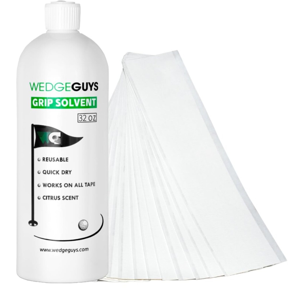 Wedge Guys 32 Ounce Golf Grip Solvent + 50 Tape Strips - Solvent Activated 2 x 10 Double Sided Adhesive Grip Tape Strips for Regripping Golf Clubs