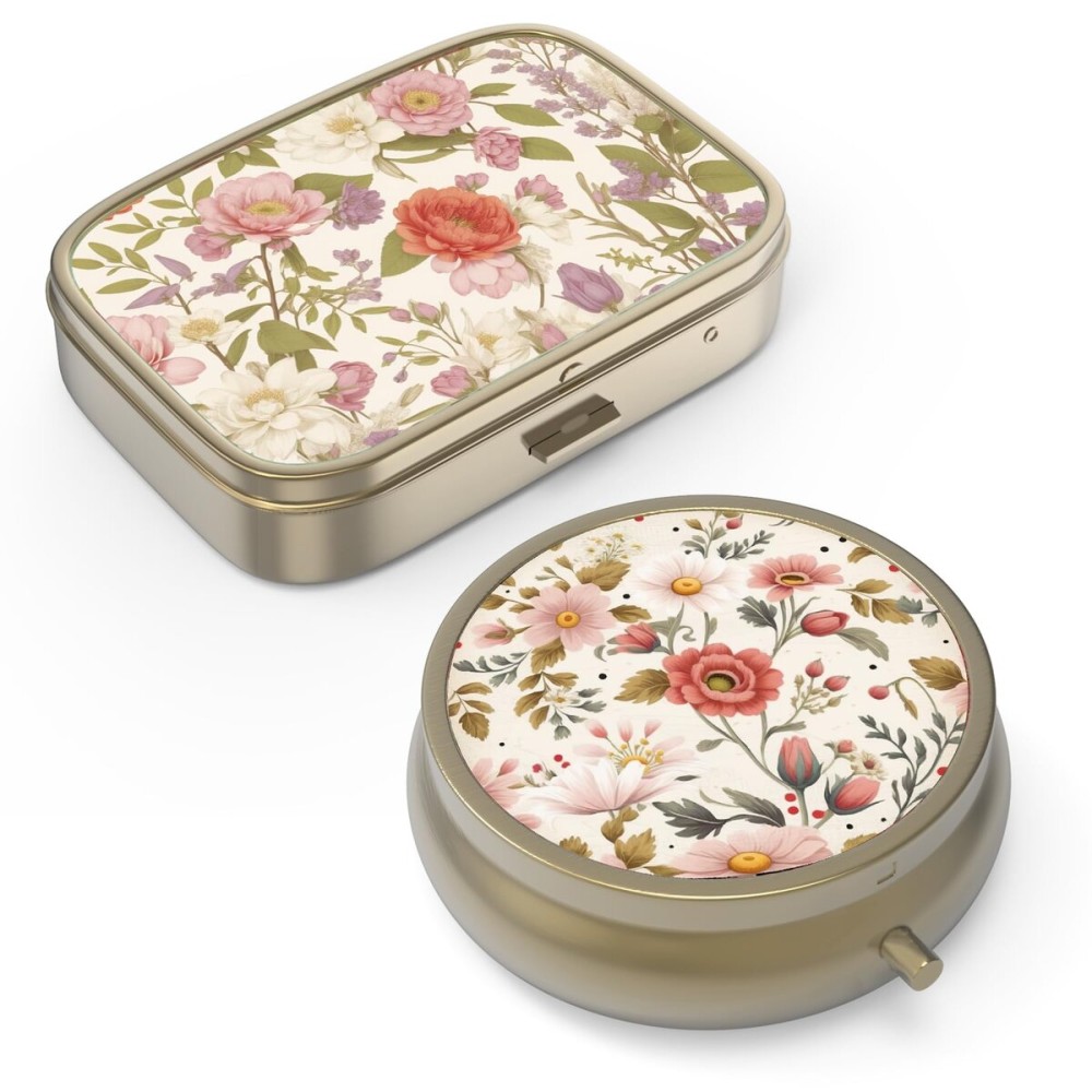 Pill Organizer Pill Box with Mirror Retro Small Pill Case for Purse or Pocket Bronze Pill Box or Vitamins, Fish Oil, Supplements, Pill Containe Travel Gifts2PCS-Retro Red Flowers