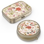 Pill Organizer Pill Box with Mirror Retro Small Pill Case for Purse or Pocket Bronze Pill Box or Vitamins, Fish Oil, Supplements, Pill Containe Travel Gifts2PCS-Retro Red Flowers