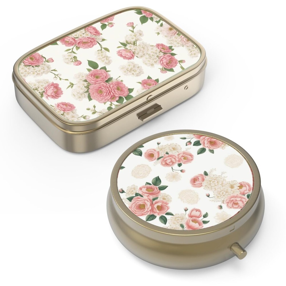 Pill Organizer Pill Box with Mirror Retro Small Pill Case for Purse or Pocket Bronze Pill Box or Vitamins, Fish Oil, Supplements, Pill Containe Travel Gifts2PCS-Retro Pink Floral