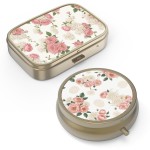 Pill Organizer Pill Box with Mirror Retro Small Pill Case for Purse or Pocket Bronze Pill Box or Vitamins, Fish Oil, Supplements, Pill Containe Travel Gifts2PCS-Retro Pink Floral