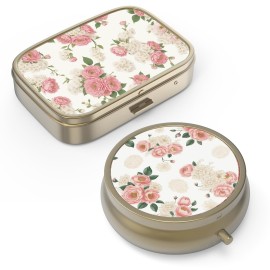 Pill Organizer Pill Box with Mirror Retro Small Pill Case for Purse or Pocket Bronze Pill Box or Vitamins, Fish Oil, Supplements, Pill Containe Travel Gifts2PCS-Retro Pink Floral