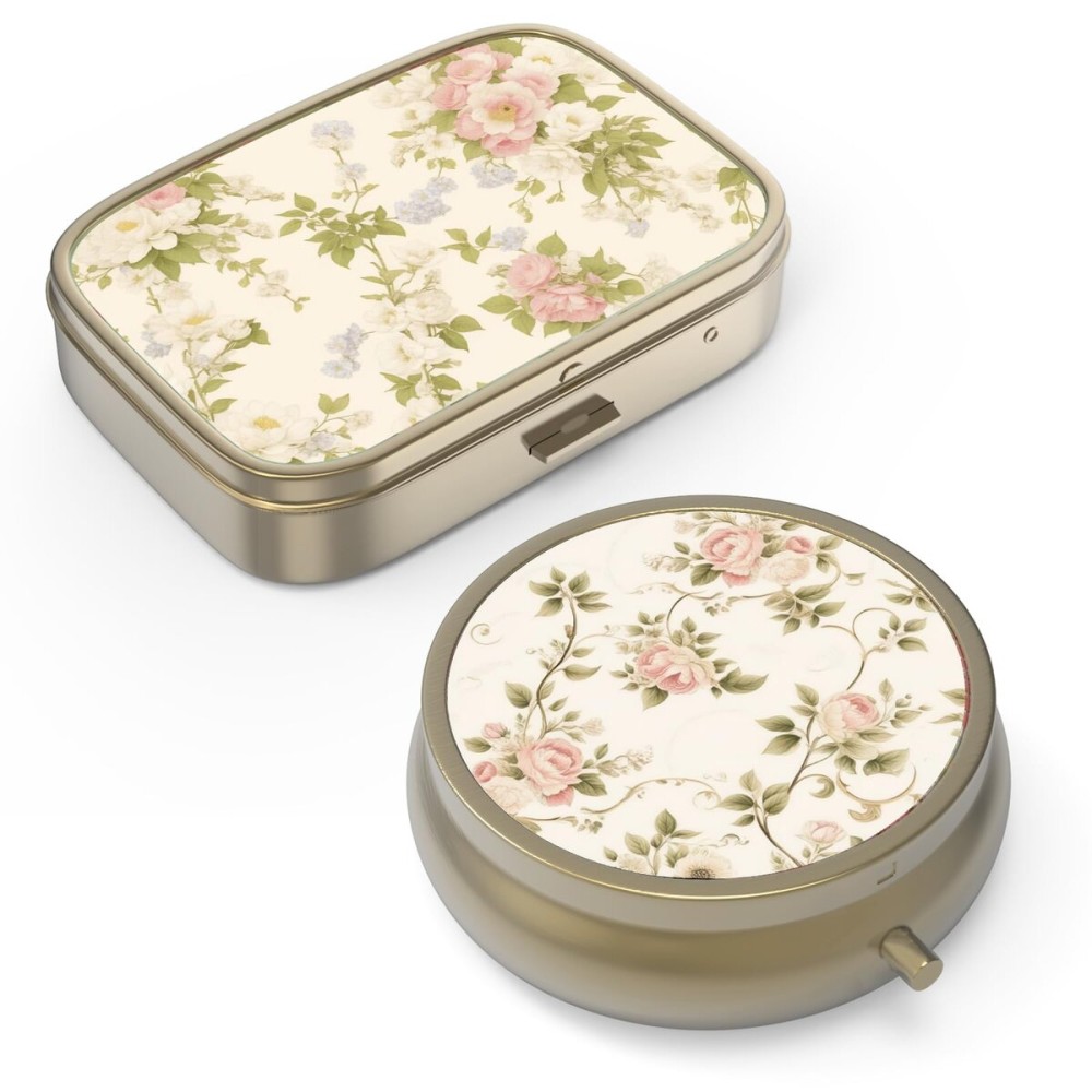 Pill Organizer Pill Box with Mirror Retro Small Pill Case for Purse or Pocket Bronze Pill Box or Vitamins, Fish Oil, Supplements, Pill Containe Travel Gifts2PCS-Vintage Floral