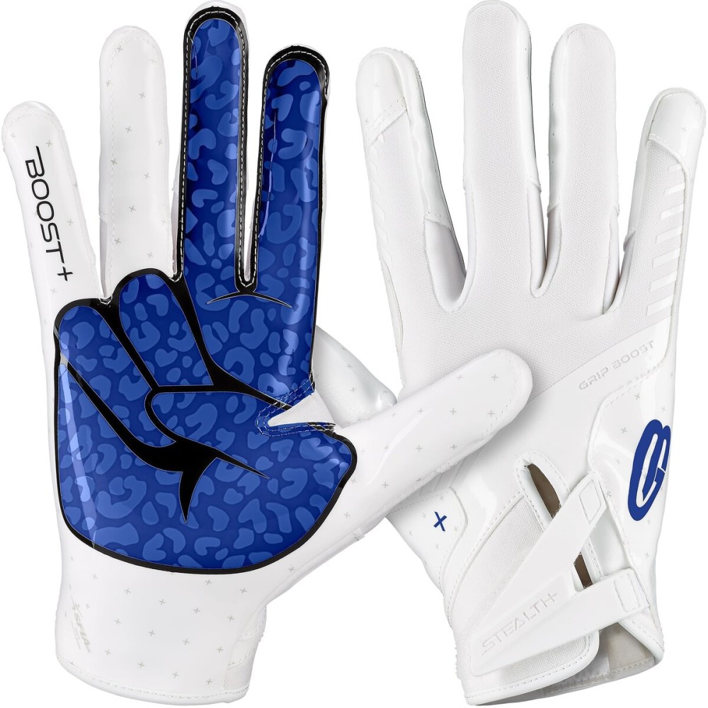 Grip Boost Football Gloves - Peace Stealth 6.0 Boost Plus Sticky Technology - Adult and Youth Football Gloves for Wide Receiver - Men\'s and Boys Sizes (White/Royal Blue, Medium)