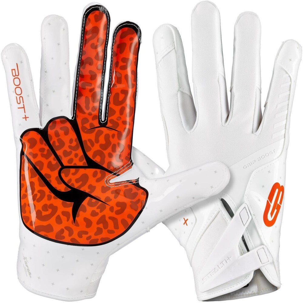 Grip Boost Football Gloves - Peace Stealth 6.0 Boost Plus Sticky Technology - Adult and Youth Football Gloves for Wide Receiver - Men\'s and Boys Sizes (White/Orange, Small)
