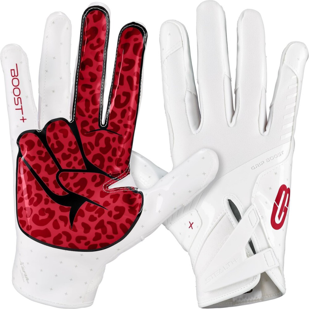 Grip Boost Football Gloves - Peace Stealth 6.0 Boost Plus Sticky Technology - Adult and Youth Football Gloves for Wide Receiver - Men\'s and Boys Sizes (White/Crimson, Medium)