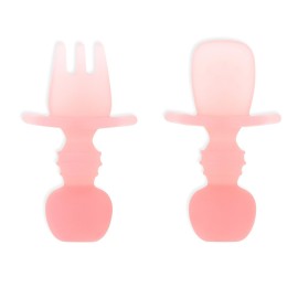 Bumkins Baby Utensils Set, Chewtensils Silicone Spoons for Dipping, Self-Feeding, Baby Led Weaning, Trainer Learning, First Stage Eating, Soft Practice Fork and Spoon, Babies 6 Months, Pink Jelly