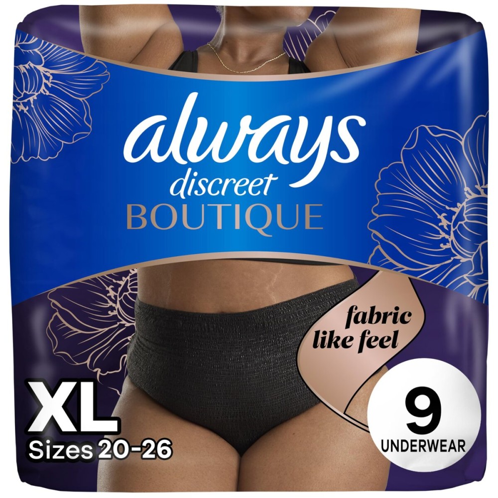 Always Discreet Boutique Incontinence and Postpartum Underwear for Women, Maximum Protection, Extra Large, Black, 9 Count