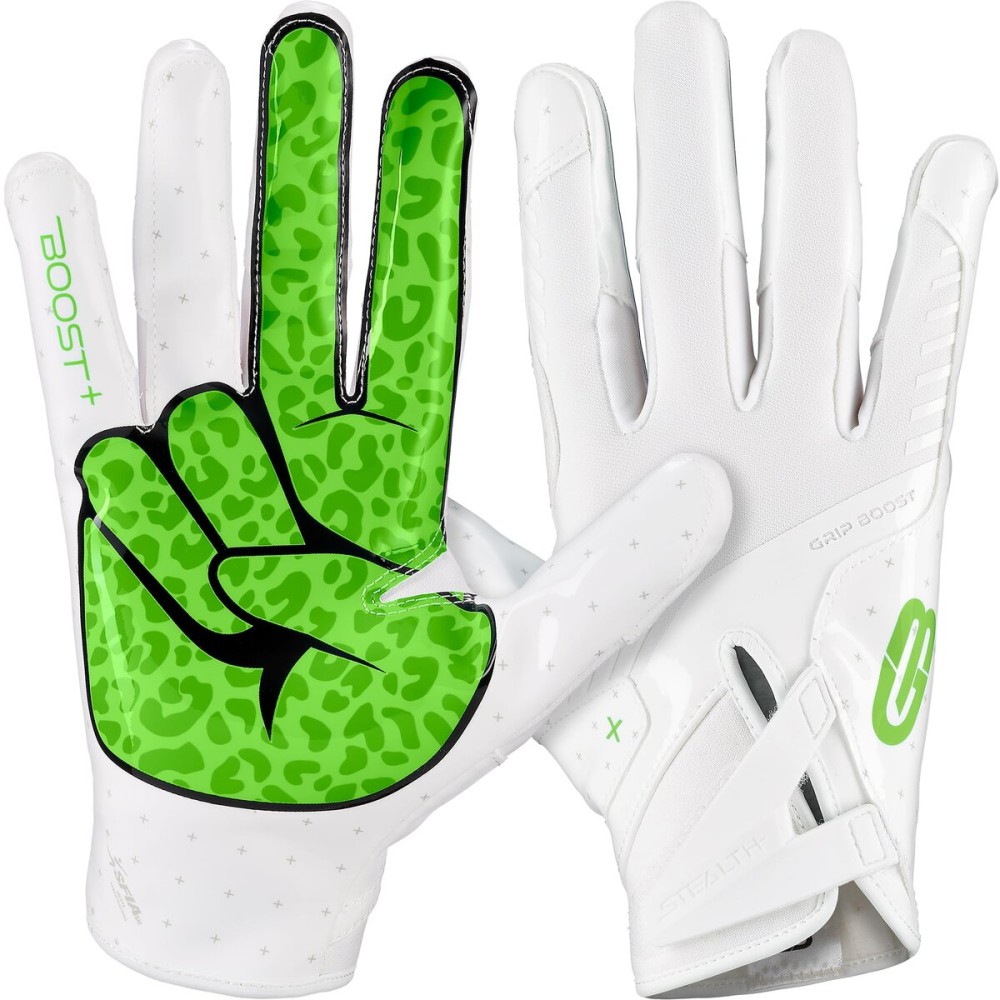 Grip Boost Football Gloves - Peace Stealth 6.0 Boost Plus Sticky Technology - Adult and Youth Football Gloves for Wide Receiver - Men\'s and Boys Sizes (White/Lime, Youth Large)
