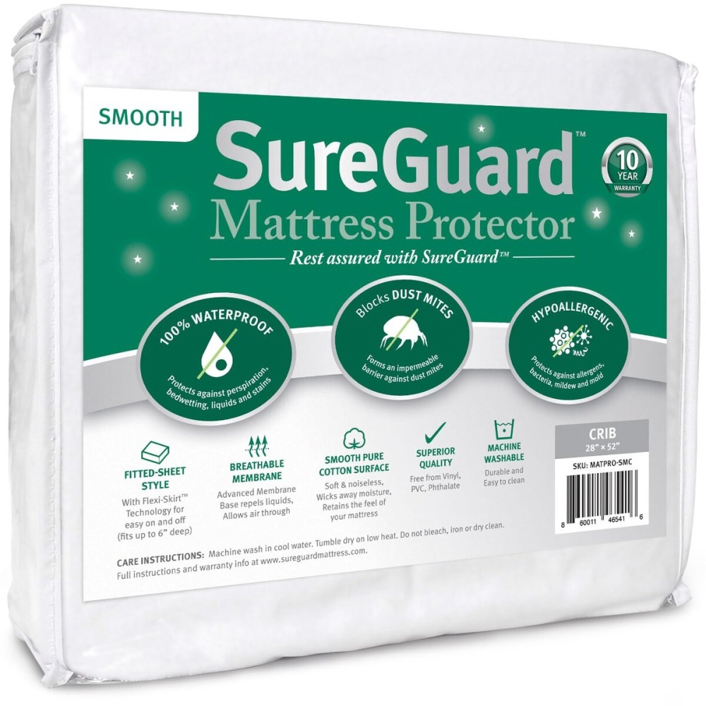 SureGuard Crib Size Mattress Protector - 100% Waterproof, Hypoallergenic - Premium Fitted Cotton Cover - Smooth