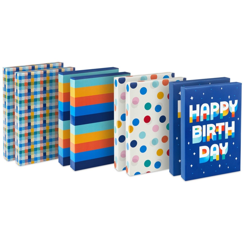 Hallmark Designed Shirt Boxes with Lids (8 Boxes: 2 Each of Orange and Blue Stripes, Plaid, Dots, Happy Birthday) for Birthdays, Father\'s Day, Graduations