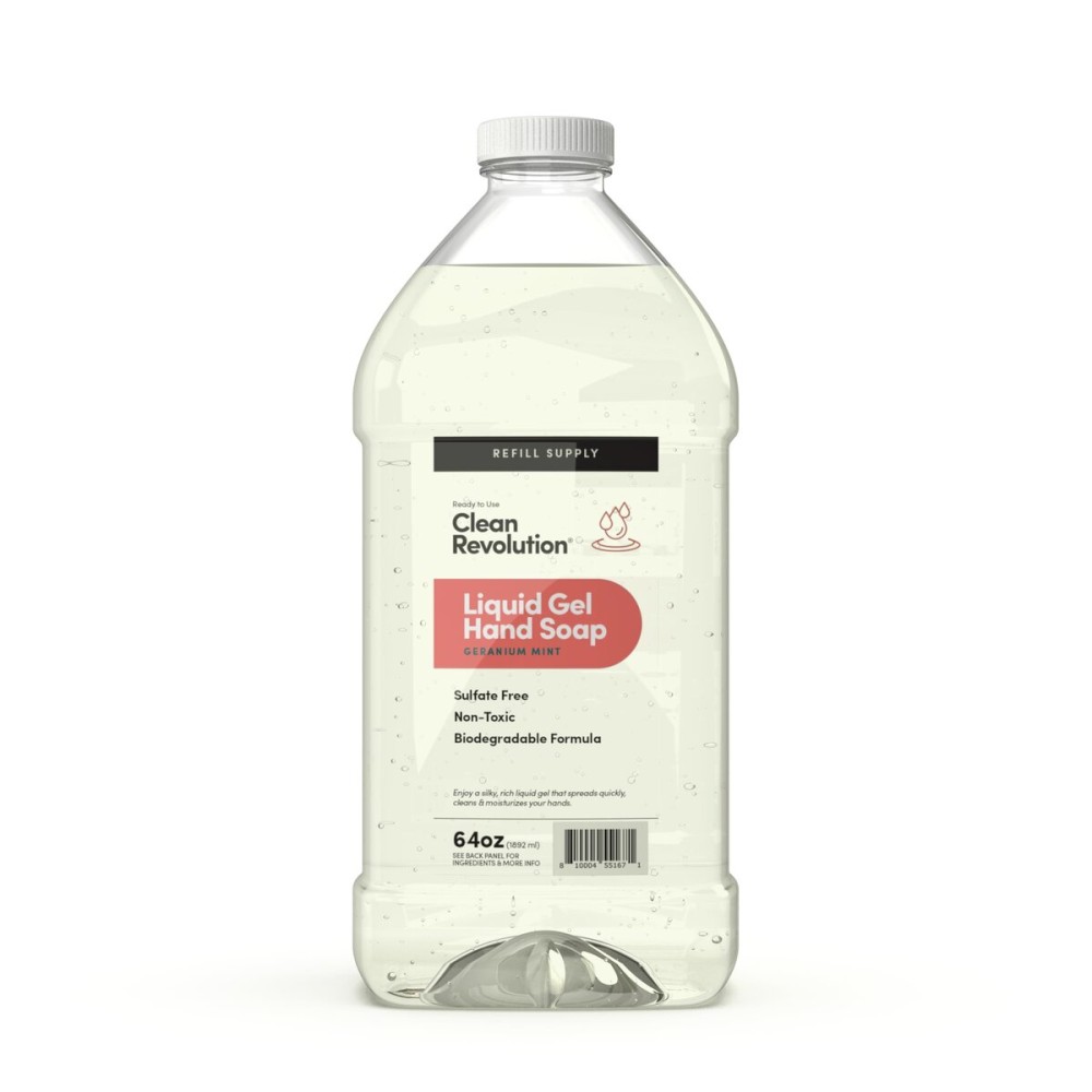Clean Revolution Liquid Gel Hand Soap, Silky Rich Liquid, Quick Lather, Fast Rinsing, Contains Real Essential Oils (Geranium Mint) 64 Fl Oz