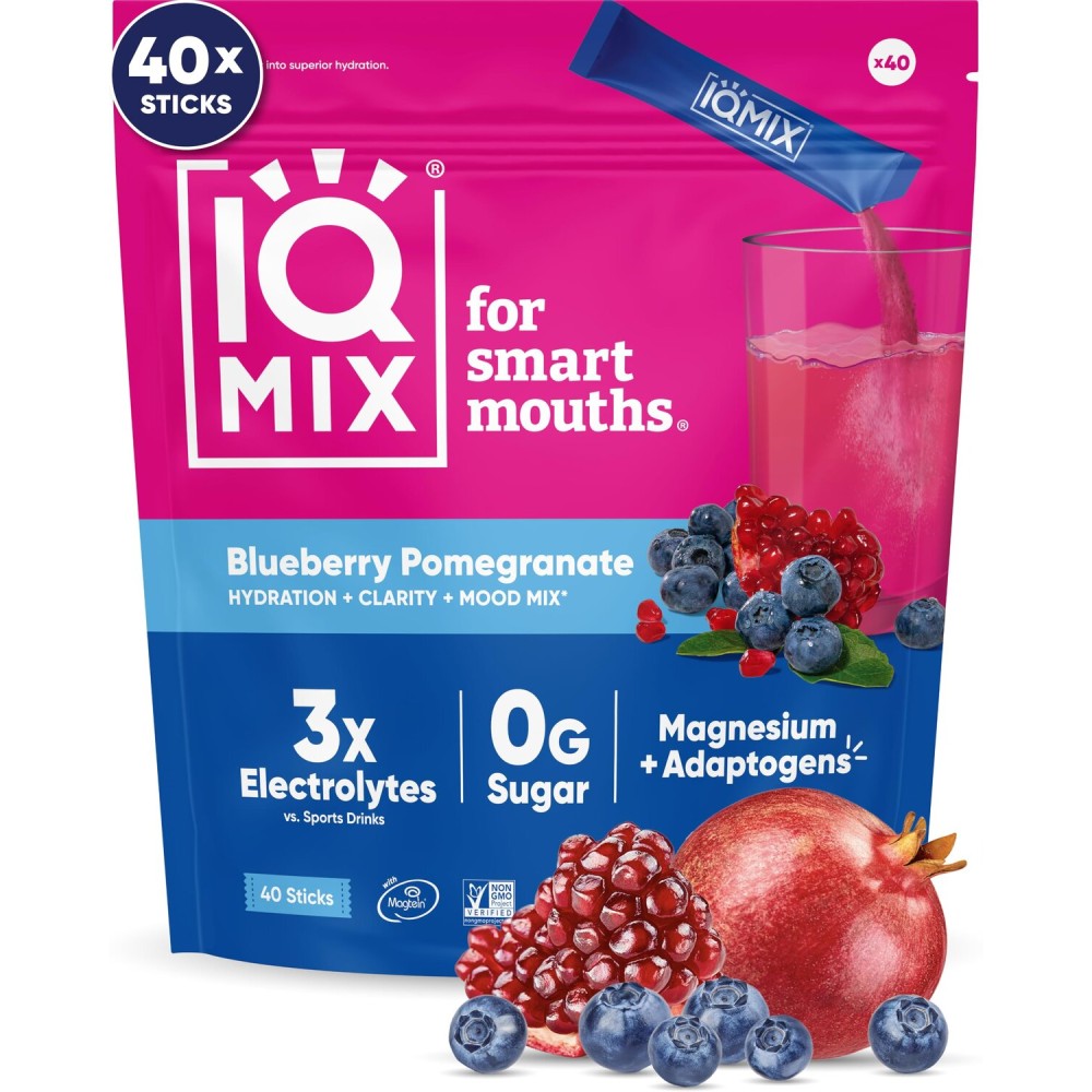 IQMIX Hydration Electrolyte Powder - 4-in-1 Formula for Hydration, Mental Clarity, Mood and Recovery - Sugar-Free Drink Mix, Keto, Magnesium L-Threonate, Lions Mane - 40 Count Blueberry Pomegranate
