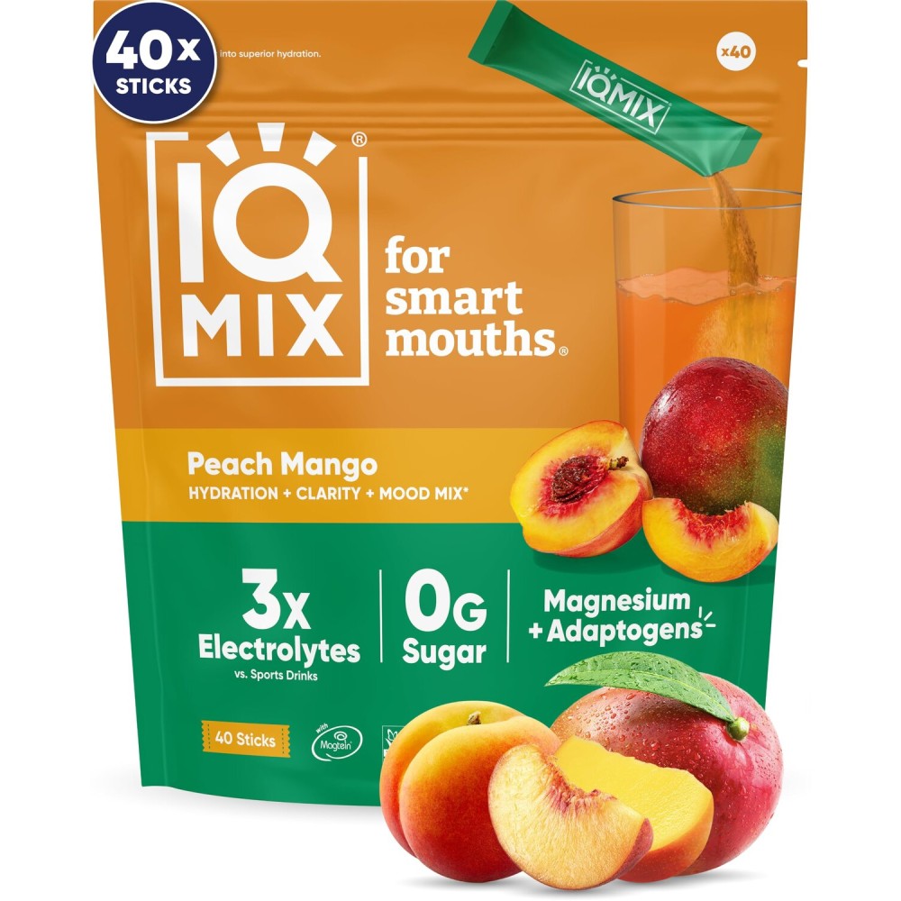 IQMIX Hydration Electrolyte Powder - 4-in-1 Formula for Hydration, Mental Clarity, Mood and Recovery - Sugar-Free Drink Mix, Keto, Magnesium L-Threonate, Lions Mane - 40 Count Peach Mango