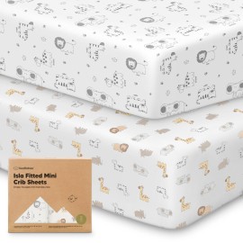 Pack and Play Sheets Fitted - 2-Pack Mini Crib Sheets for Pack N Play Mattress 38x26, Soft & Cozy, Neutral Toddler Playard Bedding, Snug Fitted Mini Baby Crib Mattress Cover Boy, Girl (KeaSafari)