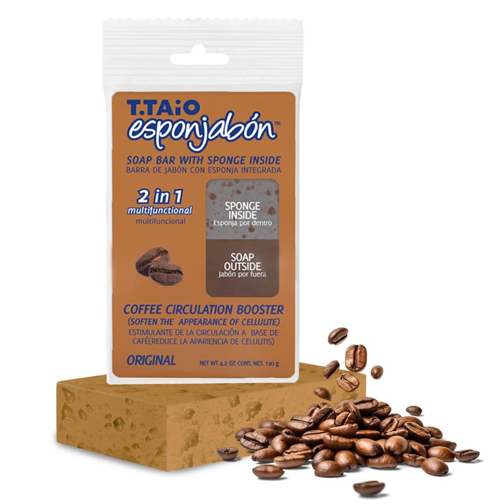 T.Taio Coffee Esponjabon Soap Sponge - Gentle Shower Scrubber - Cleaning Bath Wash Scrub - Dirt & Oil Removal - Massage & Lather Foot, Elbow, & Face Bathroom Accessories Fresh Nacre Scent