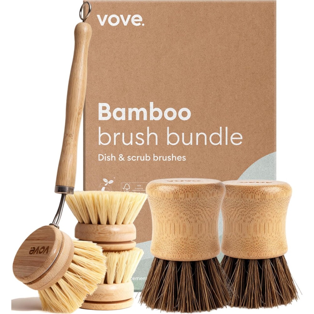 Vove Dish Brush Bundle - FSC-Certified Bamboo Dish Brush & Scrub Brush, 3 Replacement Heads - Natural Fiber Bristles - Non-Toxic, Plastic-Free Kitchen Set