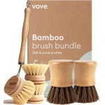 Vove Dish Brush Bundle - FSC-Certified Bamboo Dish Brush & Scrub Brush, 3 Replacement Heads - Natural Fiber Bristles - Non-Toxic, Plastic-Free Kitchen Set