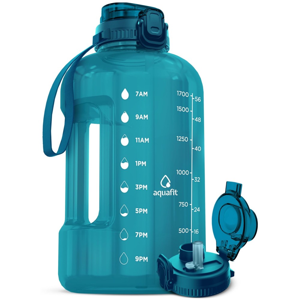 AQUAFIT Half Gallon Water Bottle with Time Marker - Straw & Chug Lid - BPA Free Gym Water Bottle with Straw - Big Gallon Jug (Aqua, 64 oz - 2in1 Lid)