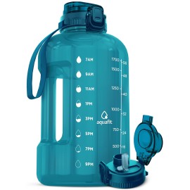 AQUAFIT Half Gallon Water Bottle with Time Marker - Straw & Chug Lid - BPA Free Gym Water Bottle with Straw - Big Gallon Jug (Aqua, 64 oz - 2in1 Lid)