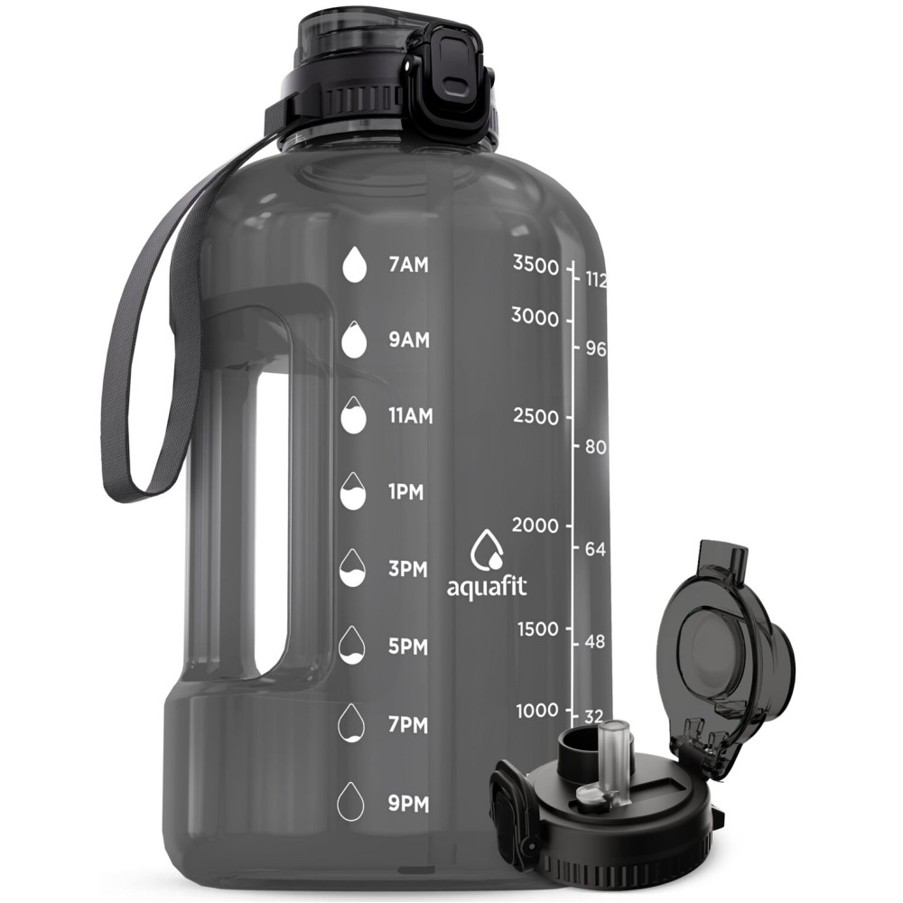 AQUAFIT 1 Gallon Water Bottle with Time Marker - Straw & Chug Lid - BPA Free Gym Water Bottle with Straw - Big Gallon Jug (Charcoal, 128 oz - 2in1 Lid)