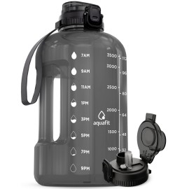AQUAFIT 1 Gallon Water Bottle with Time Marker - Straw & Chug Lid - BPA Free Gym Water Bottle with Straw - Big Gallon Jug (Charcoal, 128 oz - 2in1 Lid)