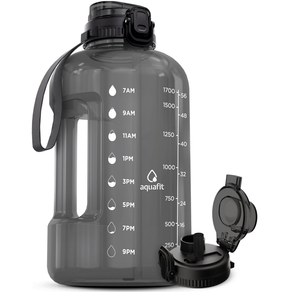 AQUAFIT Half Gallon Water Bottle with Time Marker - Straw & Chug Lid - BPA Free Gym Water Bottle with Straw - Big Gallon Jug (Charcoal, 64 oz - 2in1 Lid)