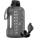 AQUAFIT Half Gallon Water Bottle with Time Marker - Straw & Chug Lid - BPA Free Gym Water Bottle with Straw - Big Gallon Jug (Charcoal, 64 oz - 2in1 Lid)