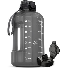 AQUAFIT Half Gallon Water Bottle with Time Marker - Straw & Chug Lid - BPA Free Gym Water Bottle with Straw - Big Gallon Jug (Charcoal, 64 oz - 2in1 Lid)