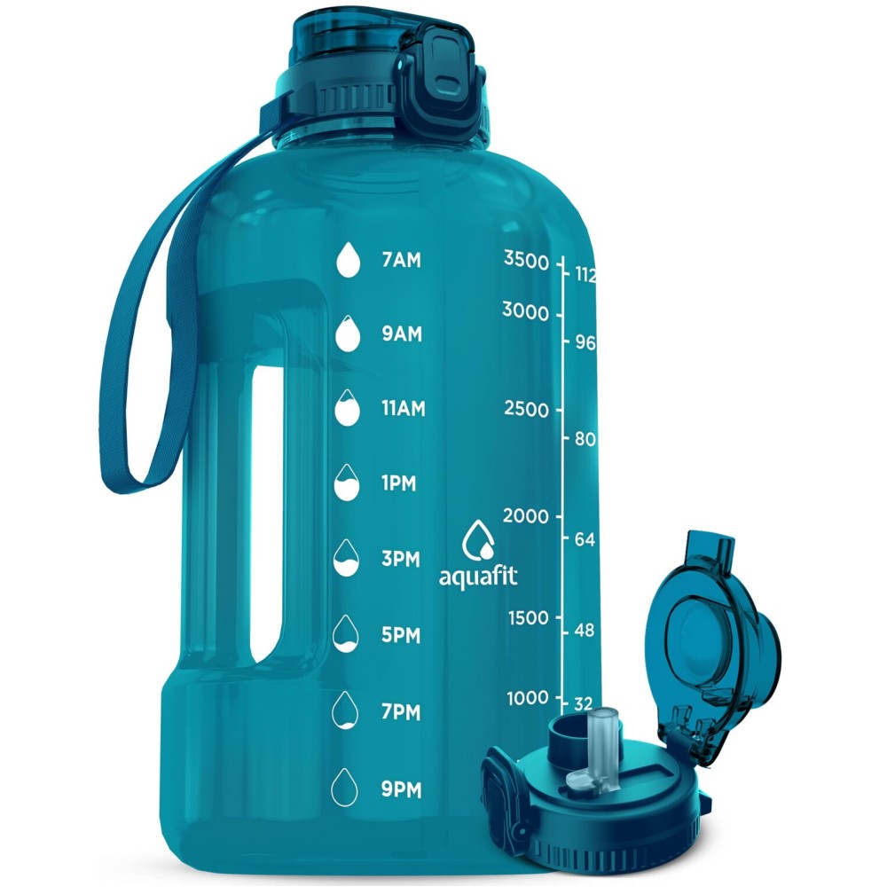 AQUAFIT 1 Gallon Water Bottle with Time Marker - Straw & Chug Lid - BPA Free Gym Water Bottle with Straw - Big Gallon Jug (Aqua, 128 oz - 2in1 Lid)