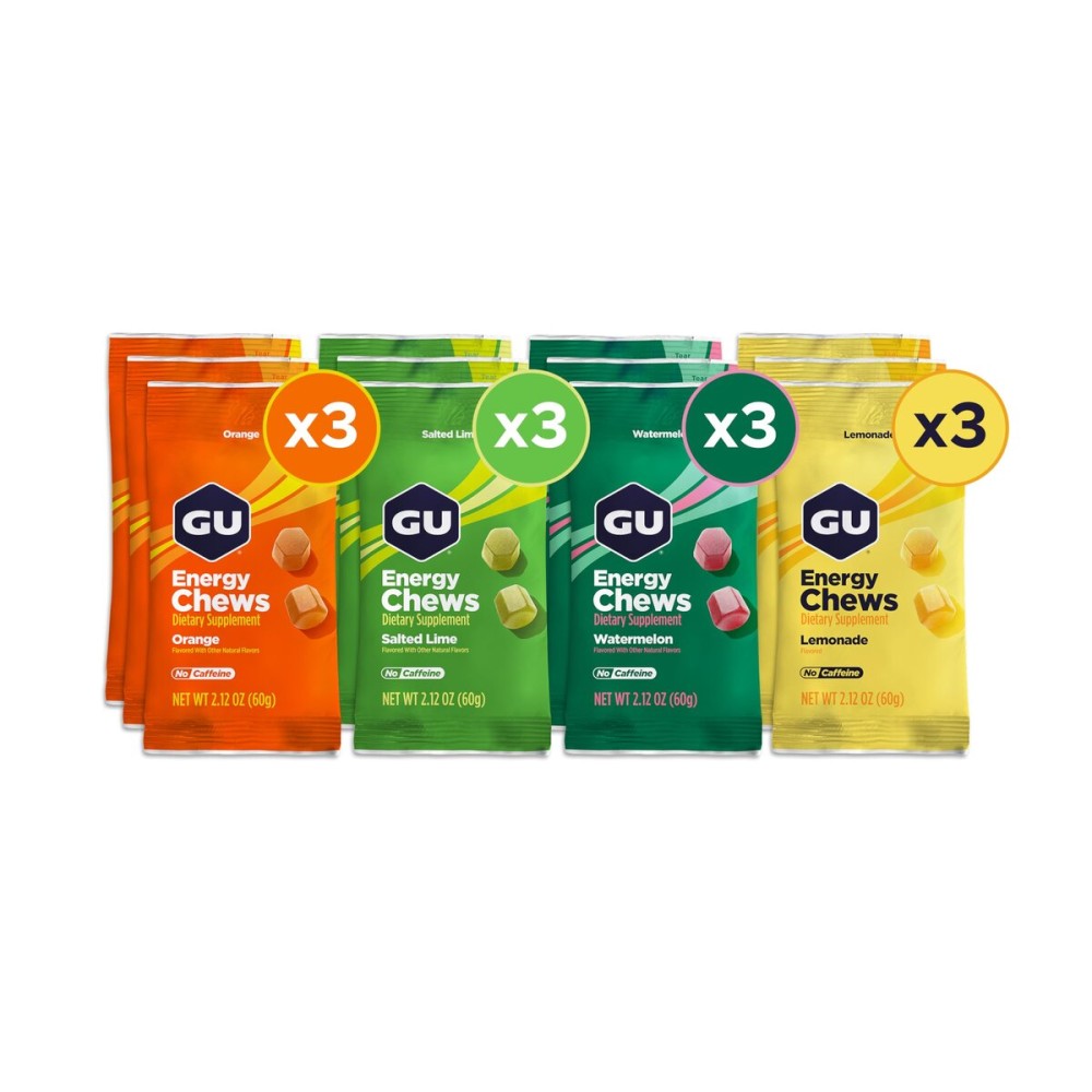 GU Energy Chews, Mixed Pack Gummies with Electrolytes, Vegan, Gluten-Free, Caffeine-Free, and Dairy-Free On-The-Go Energy for Any Workout,12 Bags (24 Servings Total), Flavors May Vary